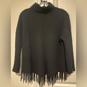 Kinross cashmere sweater, Fringe around bottom, mock neck, black, size XS